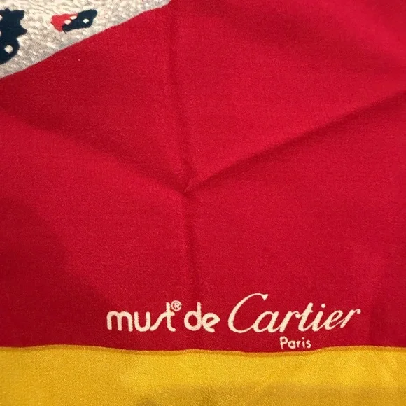 Cartier(Les Must de Cartier) vintage Silk Red & Yellow Leopard Accent Scarf - Picture 2 of 3